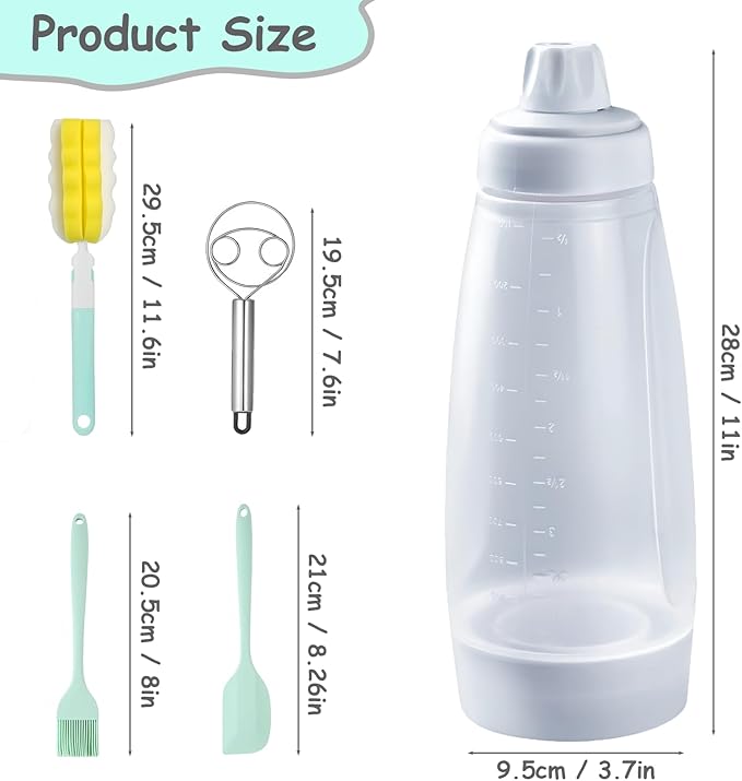 Pancake Batter Dispenser with Wire Whisk, BlenderBall, Silicone Spatula and Brush, Cleaning Brush, 1000 ML Large Capacity Leak-Proof Design for Pancakes Waffles Muffins and Crepes(White)