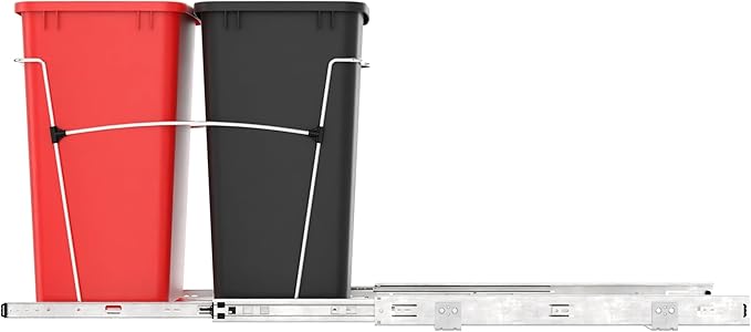Rev-A-Shelf RV-18KD-1618C-S Double Pullout Trash Can for Kitchen Cabinets 35 Qt Garbage Recycling Bin on Full Extension Slides, Red/Black