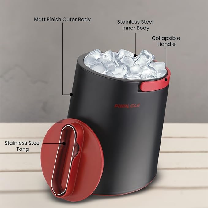 PINNACLE Insulated ice bucket for parties with Tong that fit into Lid - Stainless Steel ice bucket for cocktail bar with Collapsible Handles for indoor/outdoor bar, BPA Free (Red)