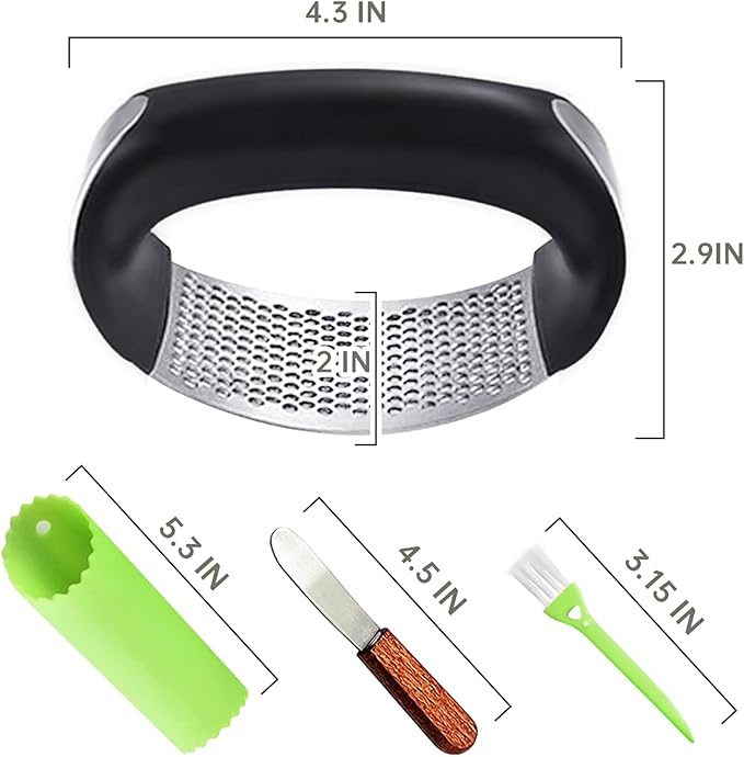 Garlic Press Rocker, Stainless Steel Garlic Mincer Crusher Professional Kitchen Gadgets Garlic Chopper with Ergonomic Handle, Silicone Garlic Peeler