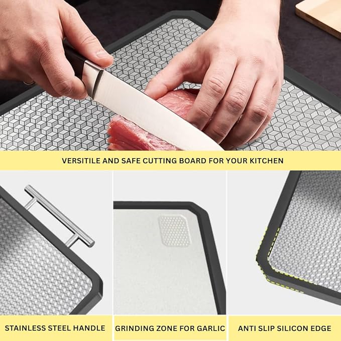 Stainless Steel Double-Sided Cutting Board – Large Non-Toxic Chopping Board with Mesh Design, Wheat Straw Side, Food-Grade 304, Non-Slip, Juice Groove, Onion Holder, Crinkle Cutter