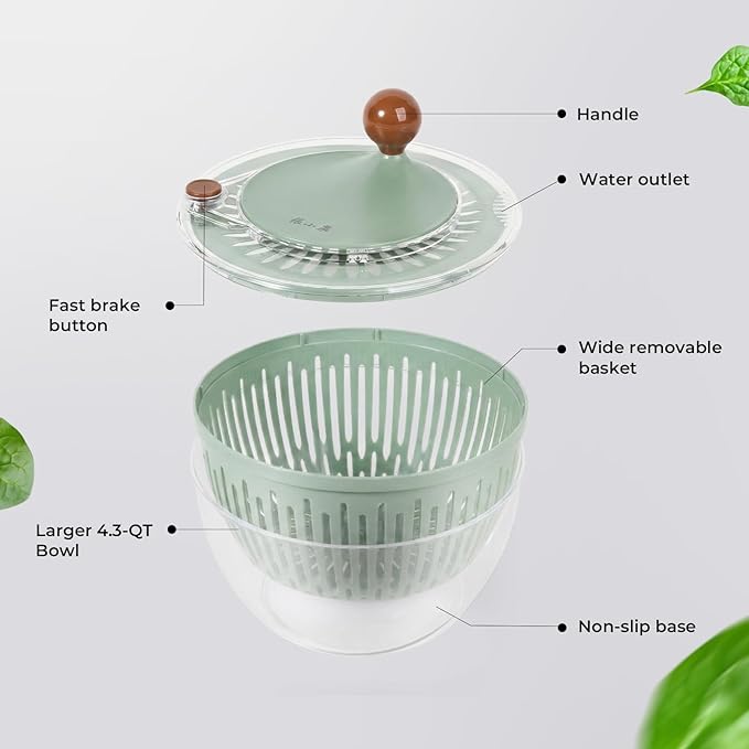 Salad Spinner Large Lettuce Spinner 4.3 Qt with Non-Slip Base & Stop Button Vegetable Dryer & Fruit Washing Bowl for Efficient Salad Prep