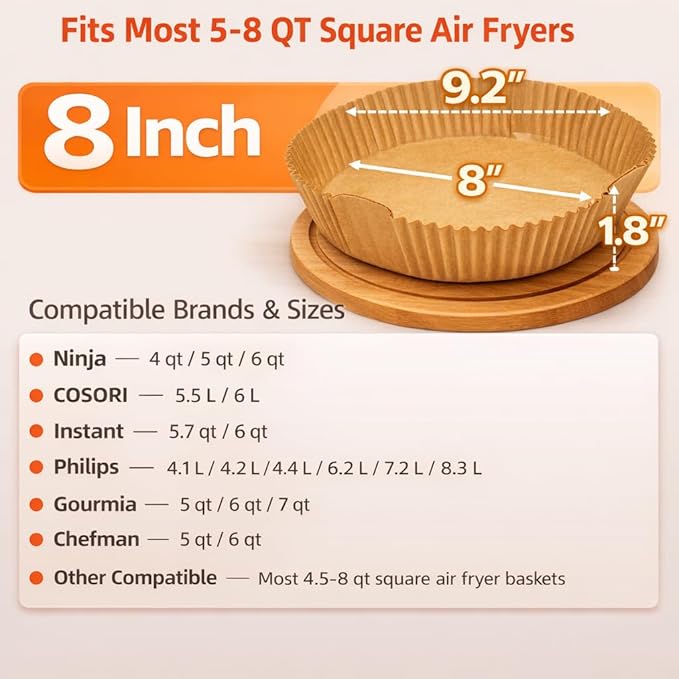 Air Fryer Liners Disposable, 8 Inch Square Parchment Paper for Air Fryer with Reusable Safety Ring, 400 Pcs Non-Stick Air Fryer Accessories