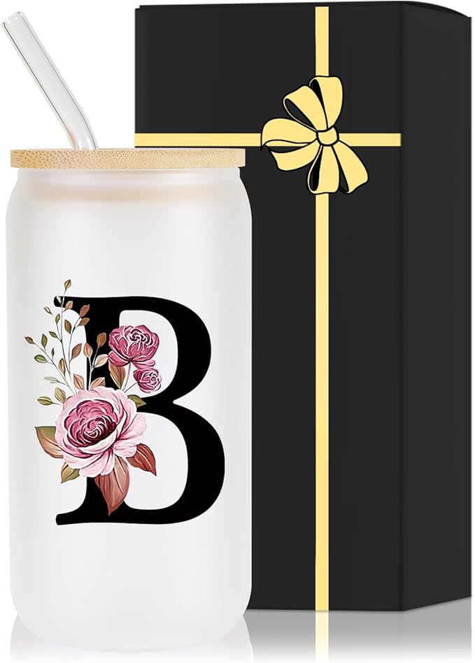Monogrammed Glass Drinking Cup With Lid Straw Women Girl Friend Birthday 16th 18th 19th 20th 21st 30th 40th 50th 60th 70th 80th 90th 45th 65th 75th 1974 1964 40 60 70 Year Old Gift Funny Meaningful,B