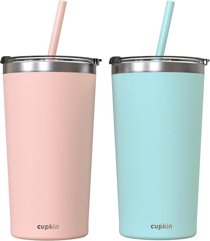 CUPKIN Stainless Steel Insulated Tumbler with Lid and Straw, 20 oz Stainless Steel Cups, Set of 2 Travel Coffee Mug for Adults, Iced Coffee Cup with Lid, Tumbler for Travel (Peach + Teal)