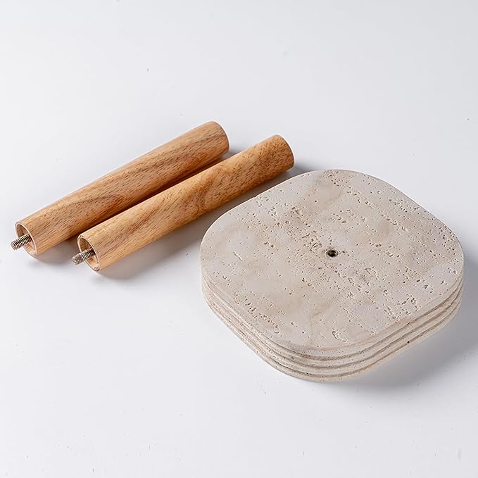 Natural Travertine Textures Standing Paper Towel Holder for Kitchen Countertop, Bathroom Toliet Paper Roll Holder with Weighted Base and Sturdy Wood Stand,for Standard or Plus Rolls, Height-Adjustable