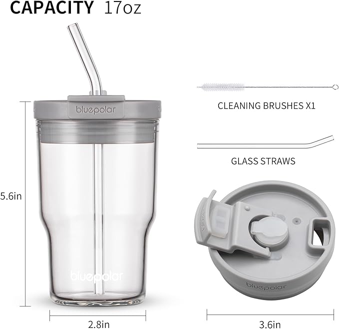 BLUEPOLAR Glass Cups with Lids and Straws,16oz/480ml Reusable Iced Coffee Glasses & Juice Bottles,Cold Brew Tumblers with Leakproof Lids,BPA-Free Glass Jars for Juicing,Matcha,Tea,Smoothie (Grey)