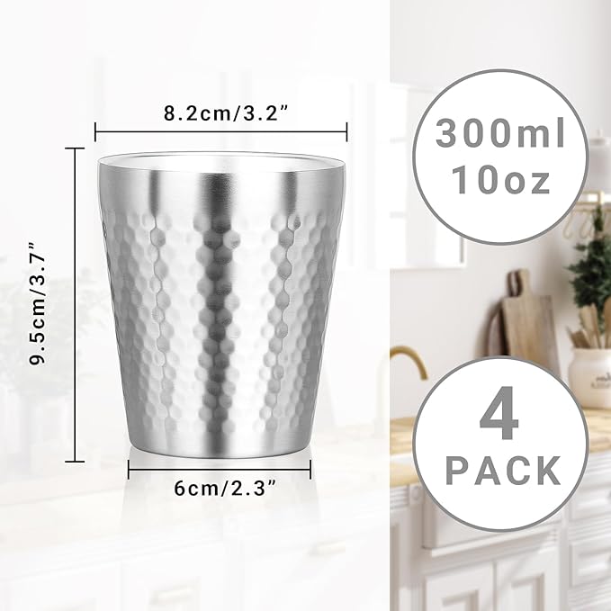 Stainless Steel Cups Double Wall, 10 oz Insulated Tumbler, 4 Pack Unbreakable Stackable Water Tumblers Vacuum Insulated Metal Cup Premium Drinking Glasses for Travel Camping Home Outdoor