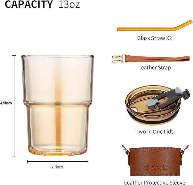 BLUEPOLAR 13 oz Tumbler Water Glass, Water Bottle with Straw and Dustproof Lid, Coffee Ice Cup Double Wall Insulated Glass Cup (Amber with Sleeve and Strap)