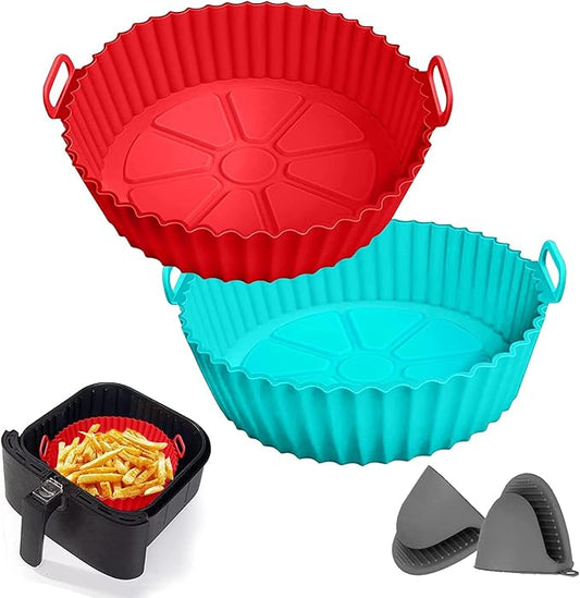 Air Fryer Silicone Liners Pot for 3 to 5 QT, 2 Pack 8.1-inch, Replacement of Flammable Parchment Paper Liners, Food Grade Reusable Baking Tray, Non-Stick, Heat-proof Gloves, Red+Blue (Nola Hut)