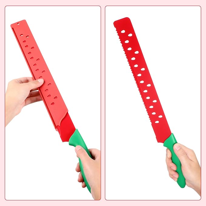 SEWACC Watermelon Knife, Long Serrated Watermelon Cutter with Sleeve, 16.5 Inch, Red, for Fruit, Melon, Cake, Bread, Pizza, Kitchen Baking Pastry Tool