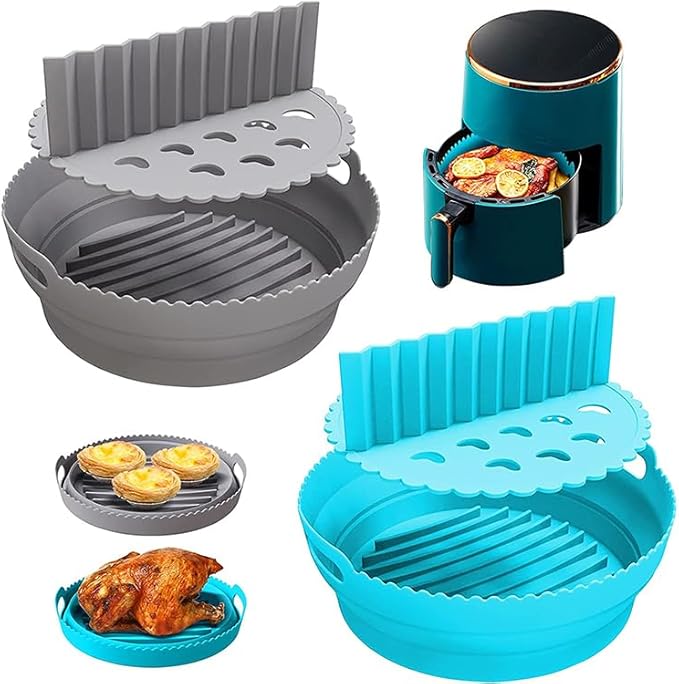 Silicone Air Fryer Liner 8.6" Round for 5–8 QT, With Divider Split for 2 Flavors, Reusable Non-Stick Collapsible Pot Liner, Dishwasher Safe, Heat-Resistant 446°F, RED, 1 Pack