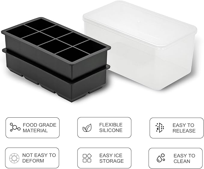 Bangp Silicone Ice Cube Tray with Bin and Tongs,2 Pack Large Silicone Ice Cube Molds,Large Square Ice Cube Trays Making 16 Whiskey Ice Cubes for Cocktails,Bourbon,BPA-Free,Easy to Fill & Release