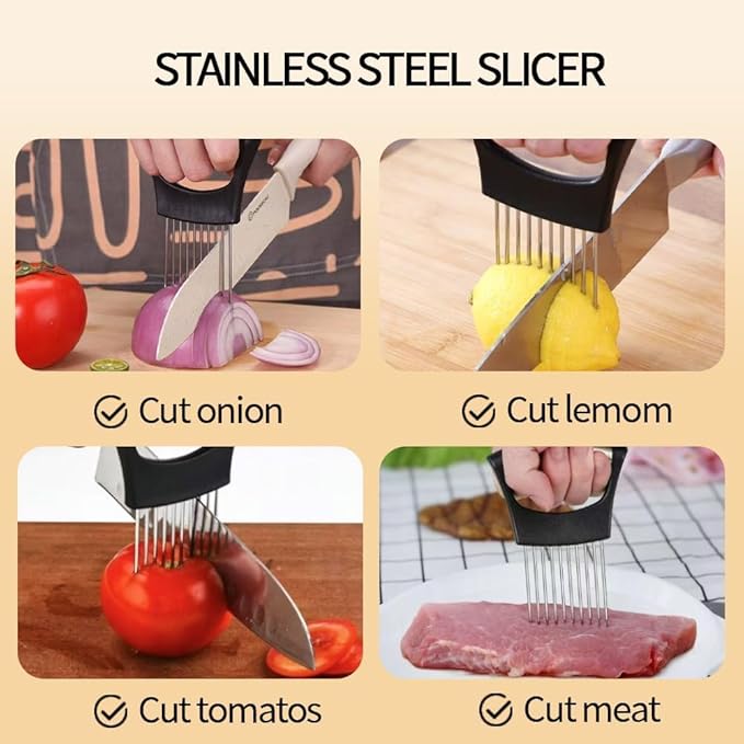 Onion Holder for Slicing, Stainless Steel Onion Slice Holder Lemon Slicer Vegetable Cutter, Multifunctional Chopper Assistant Kitchen Slicer Tool for Fruit, Meat, Tomato, Onion Slicing (3 Pack)