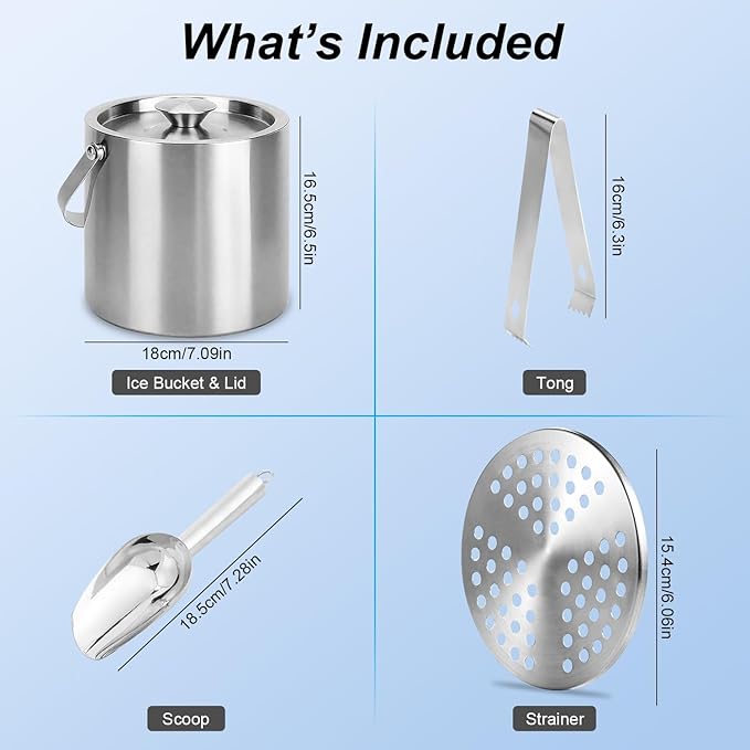 Ice Bucket with Lid, Scoop, Tongs and Strainer - Well Made Insulated Stainless Steel Keep Ice Frozen Longer - Ideal for Cocktail Bar, Parties, Chilling Wine, Champagne - 3 Liter (Stainless Steel)