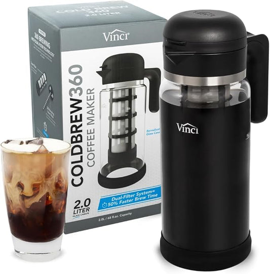 VINCI Cold Brew 360, Glass Cold Brew Coffee Maker Featuring Patented Dual Filter 360 Brewing Technology, Cold Brew for Iced Coffee (2.0 Liter / 68 FL.OZ)
