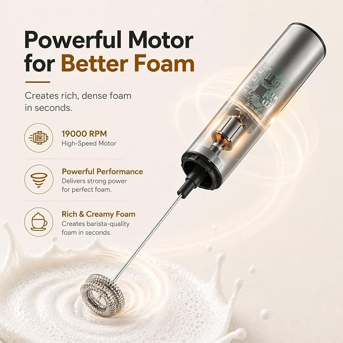 Rechargeable Milk Frother with Stand, Electric Whisks Foam Maker, POWERFUL USB C 2 Speed Handheld Drink Mixer for Coffee, Latte, Cappuccino, Matcha Drinks,Silver