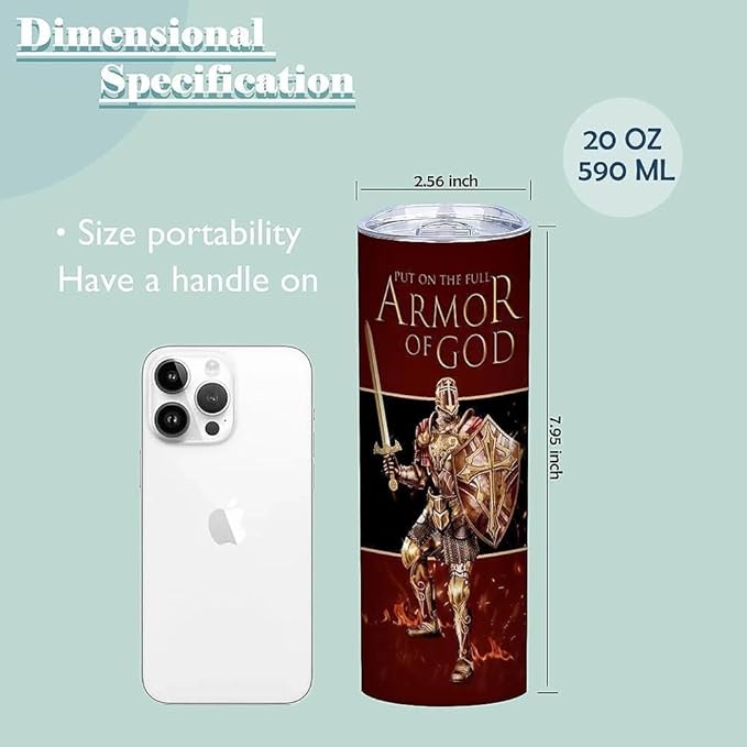 Put The Full Armor Of God,Pastor Appreciation Gifts,20 Oz Insulated Stainless Steel Skinny Iced Coffee Tumbler with Lid,Funny Travel Coffee Mug Cup Water Bottler,Birthday Gift for Men Women Dad,1 Pcs