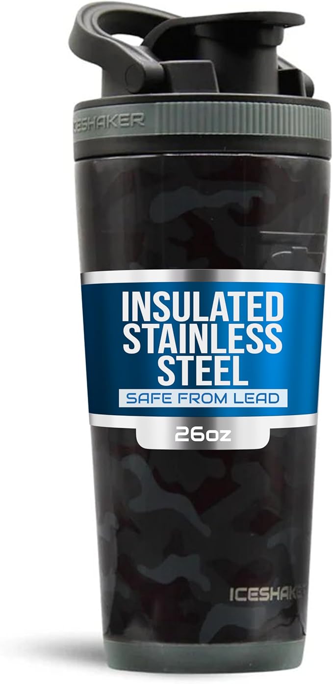 Ice Shaker Insulated Stainless Steel Shaker Bottle | 26oz, Black camo | Cold for 30+ Hours | Insulated Cup with Twist-on Agitator | Odor-Free Bottle for Protein Shakes, Water, Smoothies, Cocktails