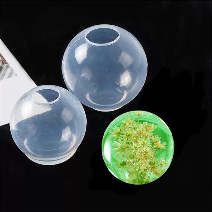 FineInno 2Pcs Large Sphere Resin Molds 4", 3" Clear 3D Seamless Crystal Ball Silicone Molds for Flowers Preservation DIY Epoxy Round Orb Soap Candle
