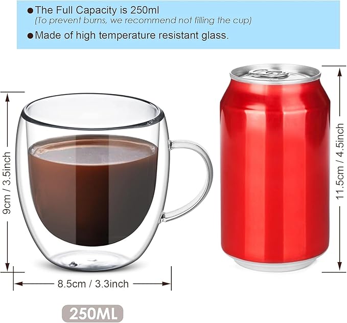 8 oz/250ml Double Walled Glass Coffee Mugs, Clear Coffee Cups and Mugs Set of 4, Cappuccino Latte Macchiato Glasses Cups with Handle, Espresso Mug Cups for Latte, Hot/Cold Drink