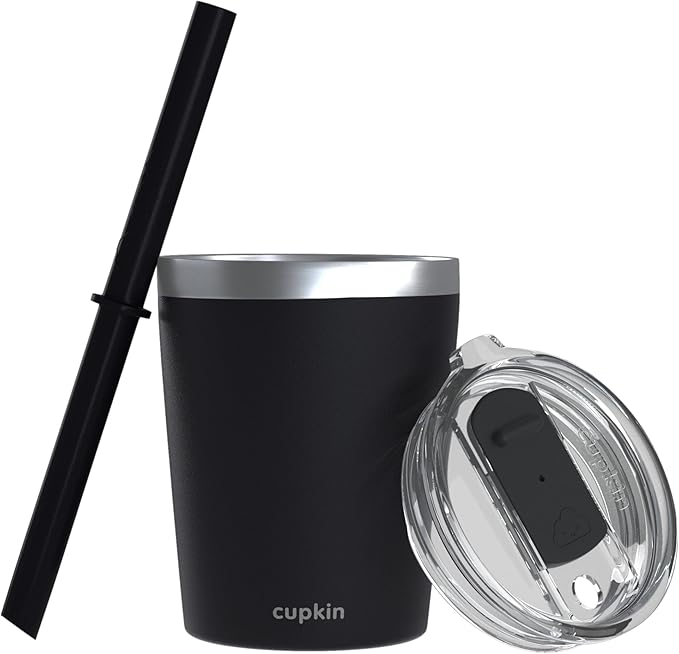CUPKIN Stackable Stainless Steel Kids Cup Smoothie Tumbler, Powder Coated Insulated Tumblers, BPA Free Lid and Silicone Straw 8 Fl Oz (Pack of 1), Black