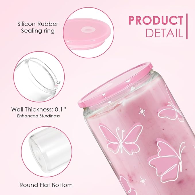 SANDJEST Butterfly 16 Oz Can Glass Tumbler with Acrylic Lid and Straw - Iced Coffee Cups for Women, Aesthetic Glass Cup Gift for Birthday Christmas