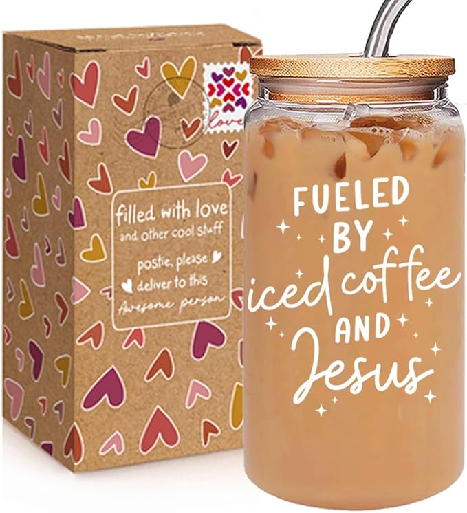 Fueled by Iced Coffee and Jesus Cup Gifts for Women-16oz Christian Glass Cup with Lid and Straw, Faith Brithday Cup Gifts for Coworkers Boss Friends Worker Nurse Teacher, Jesus Iced Coffee Cup-167
