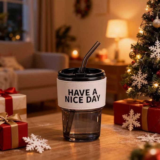BLUEPOLAR 13oz/400ml Glass Water Tumbler with Straw and Lid Sealed Carry on Thick Wall Iced Coffee Cup for Water, Iced Tea, Fruit Juice (Have a Nice Day)