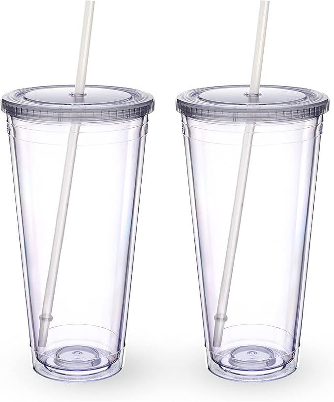 Zukro Clear Acrylic Tumbler with Straw and Lid 32 oz, Double Walled Insulated Reusable Plastic Iced Coffee Cup, To Go Cup Perfect for Parties, Birthdays, Fit in Cupholder, BPA Free, Clear, 2 Pack
