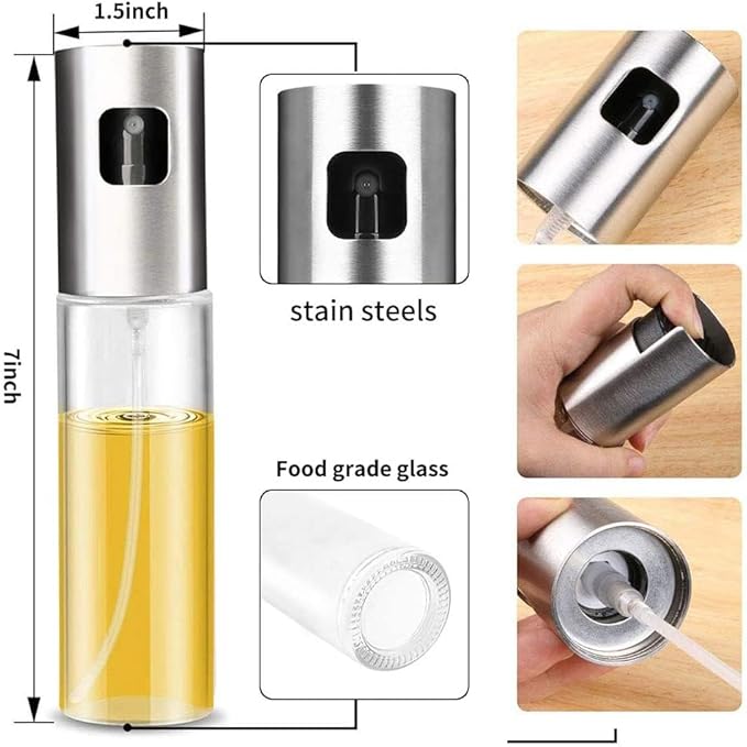Glass Oil Sprayer Bottle for Cooking, Refillable Fine Mist Sprayer for Air Fryer, BBQ, Salad Spray, Leak Proof Kitchen Oil Dispenser with Dishwasher Safe Design (Silver)