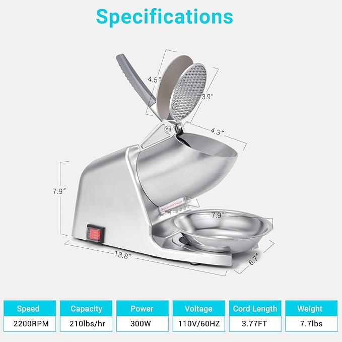 300W 210 lbs/hr ETL-Listed 4-Blade Electric Ice Shaver Machine with Ice Pick, Ice Crusher for Home Use and Commercial, Shaved Ice Machine, Ice Grinder, Silver