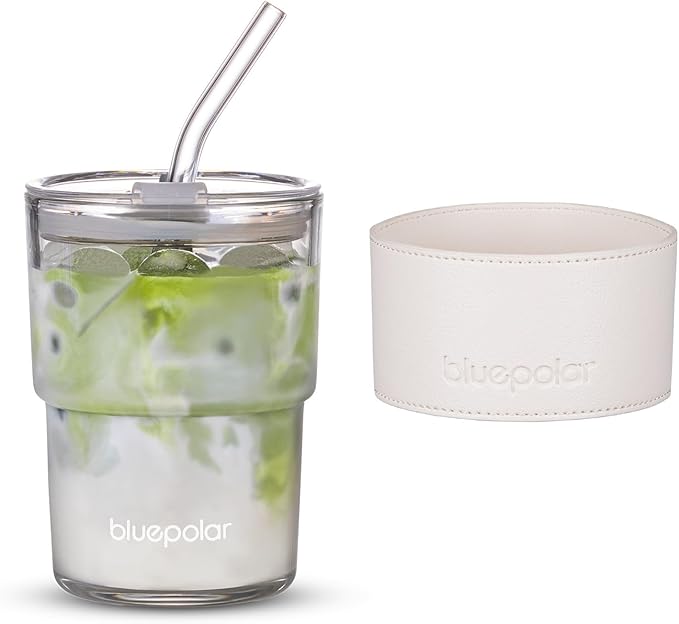 BLUEPOLAR 13oz/400ml Glass Water Tumbler with Straw and Lid Sealed Carry on Thick Wall Iced Coffee Cup for Water, Iced Tea, Fruit Juice (White with Protective Sleeve)