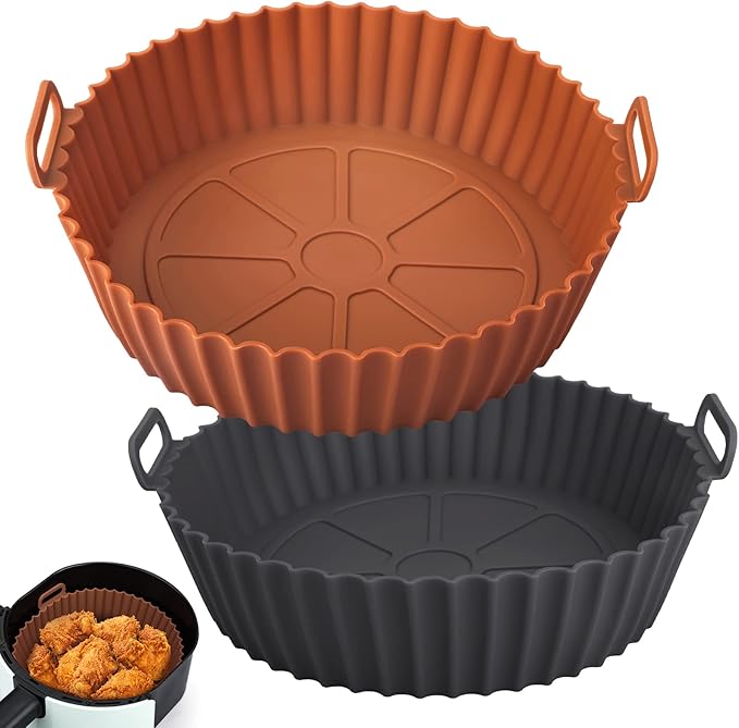 2 Pack Air Fryer Silicone Liners for Ninja, Reusable Silicone Bowl Basket Fit for 3 to 5QT Air Fryer, Replacement of Flammable Parchment Paper, Baking Tray Oven Accessories (Top 8in, Bottom 6.8in)