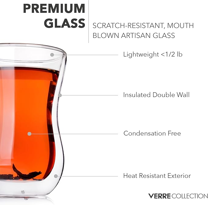Verre Collection Turkish Tea Cups 4.25 oz, Lightweight Turkish Tea Glasses, Heat Resistant Double Wall Tea Cups, Insulated Turkish Tea Set of 2