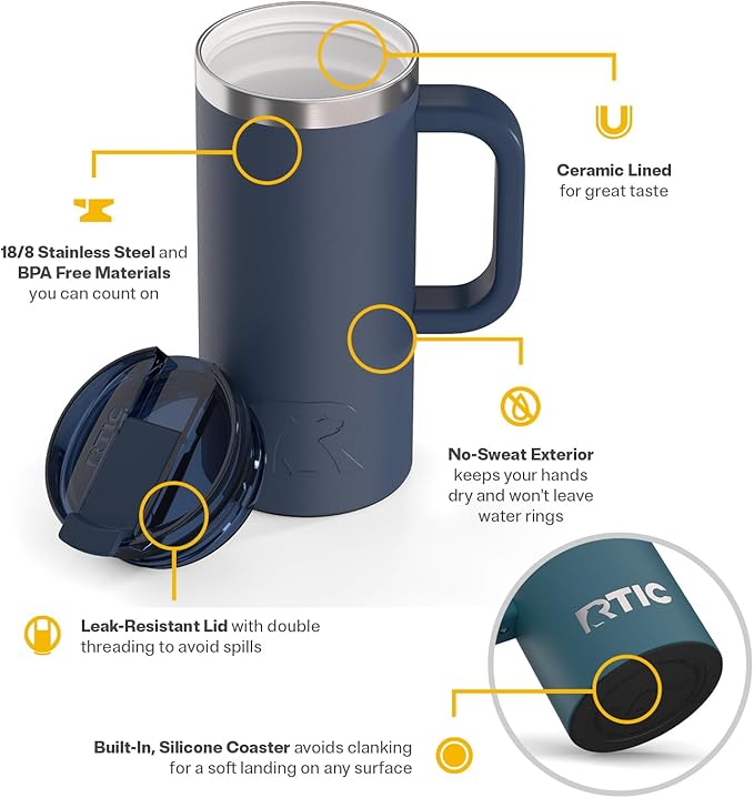 RTIC 16oz Road Trip Travel Mug with Lid and Handle, Ceramic Lined, Insulated, Stainless Steel, Metal, Double Wall Vacuum-Insulation, Portable Coffee, Tea Cup for Hot and Cold Drink, Navy