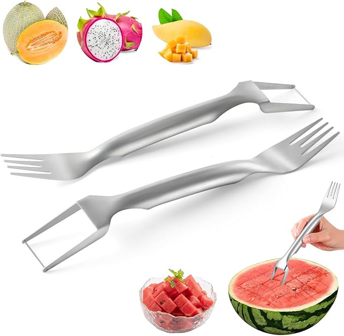 2PCS Watermelon Cutter, 2026 Watermelon Fork Slicer Cutter Dual-Head, 2-in-1 Stainless Steel Melon Fork Slicer Knife Kitchen for Family Home Party Camping Kitchen Gadget
