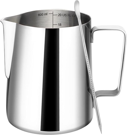 Amrules Milk Frothing Pitcher, 20oz Milk Frother Cup with Clear Scale, 304 Stainless Steel Cappuccino Espresso Machine Accessories for Barista Coffee Bar with Latte Art Pen, Silver
