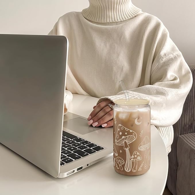 SANDJEST Mushroom 16oz Can Glass Tumbler with Acrylic Lid & Straw, Iced Coffee Cup for Women, Aesthetic Cups Gifts for Birthday Christmas