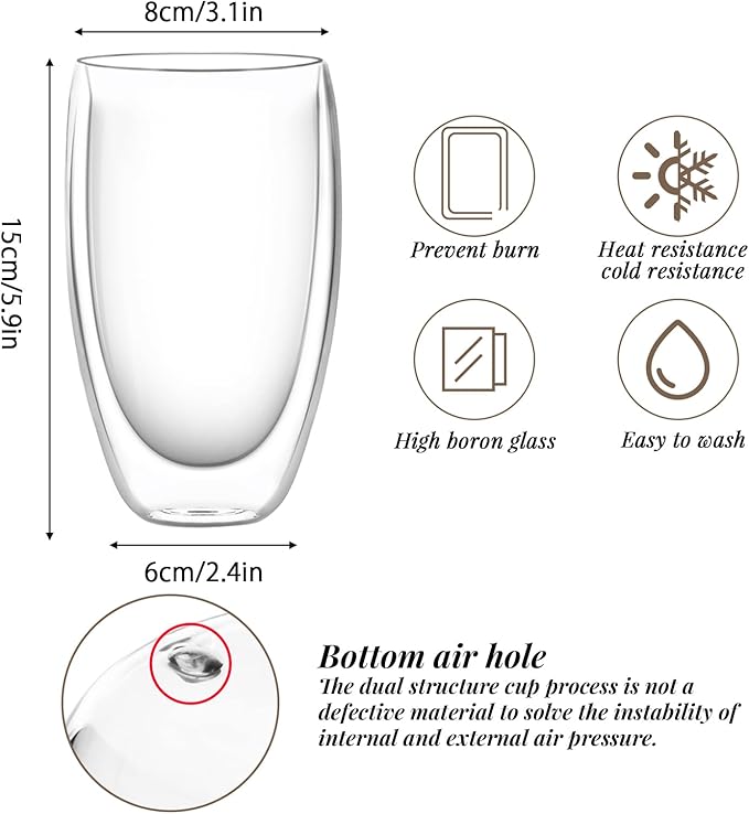 Glass Coffee Cups Set of 4, 15 oz Insulated Double Wall Glass Espresso Cups, Coffee Mug for Espresso, Cappuccino, Latte, Tea