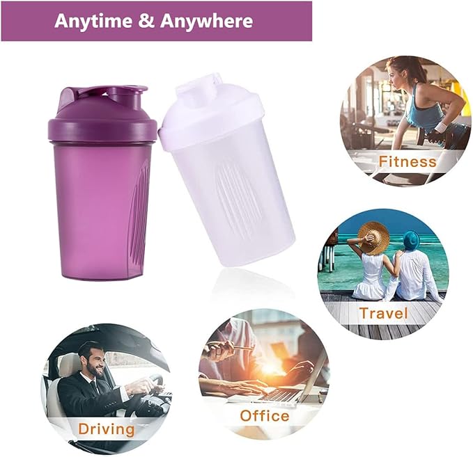 Shaker Bottle Protein Shakes and 16-Ounce/400ML Shakers Bottles with Whisk Balls,Non-BPA plastic(Purple+White(2PCS))