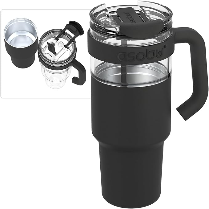 asobu Extra Large Travel Explorer Tumbler for Hot and Cold with Stainless Steel Removable Coffee Mug Sleeve - Straw and Flip Open Sip Spout, 34 oz / 25 oz (Black)