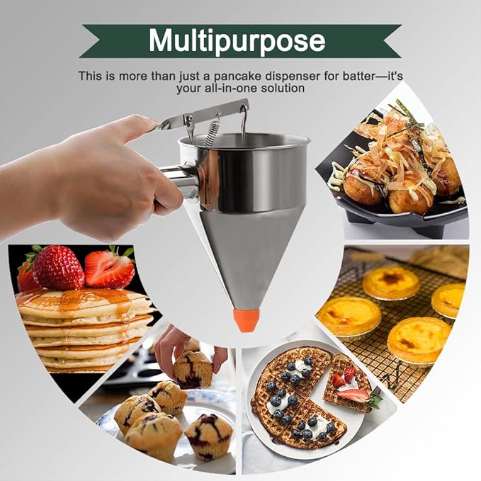 Pancake Batter Dispenser – 40oz Stainless Steel No-Drip Funnel, 4 Interchangeable Silicone Nozzles, Easy Control Batter Dispenser for Pancakes, Cupcakes, Funnel Cakes, Muffins & More