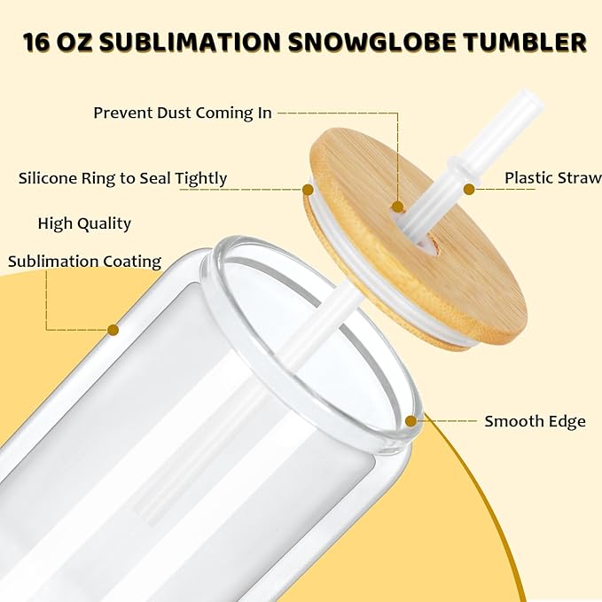 16 Oz Snow Globe Tumbler, 6 Pack Pre-Drilled Sublimation Glass Cup For Glitter Snow Globe Diy, Double Wall Sublimation Glass Tumbler