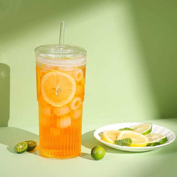 QWEZXO Glass Cups With Lids and Glass Straws，20 OZ 4pcs High Borosilicate Glass Tumbler Iced Coffee Water Smoothie