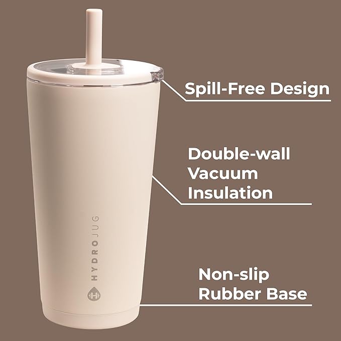 HydroJug Everyday Tumbler 20 oz – Ceramic-Lined Insulated Tumbler with Straw and Soft-Touch Lid, Cup Holder Friendly, Double-Wall Vacuum Insulation, Reusable Travel Cup – Dune