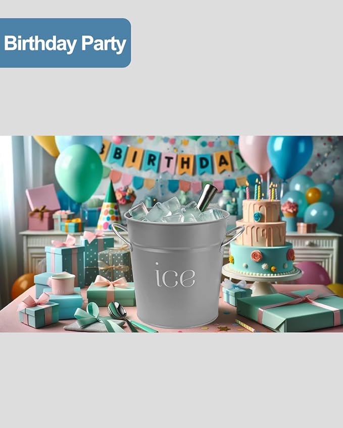 3Qt Gray Galvanized Ice Bucket with Lid, Scoop & Handles - Ideal for Cocktails, Parties, BBQs, Wine & Champagne. Double-Layer Insulated Outer & Galvanized Inner Layer, Perfect for Home & Outdoor Use