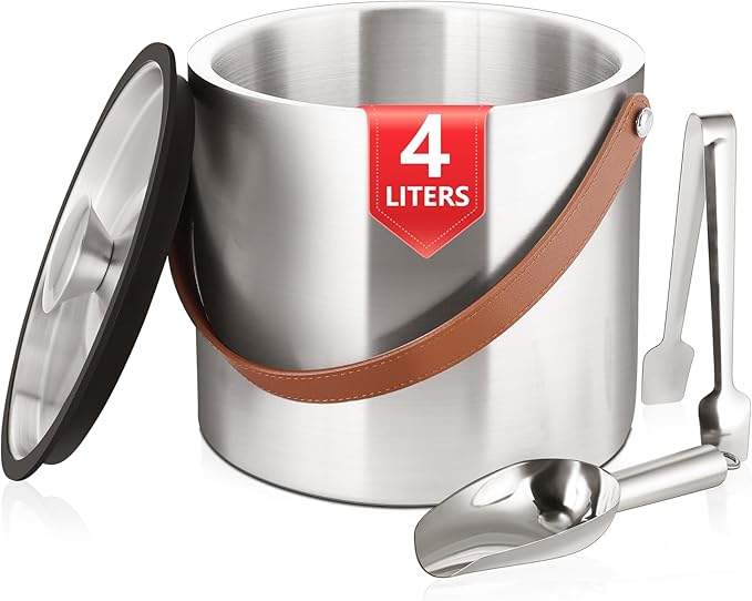Bakpoco 4L Ice Bucket with Lid, Scoop,Tongs & Strainer, Stainless Steel Double Wall Insulated Ice Buckets for Parties & Cocktail Bar, Large Outdoor Champagne Ice Container, Light Brown Handle