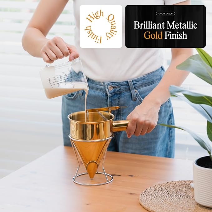 Pancake Batter Dispenser (Gold) - 40oz Batter Dispenser - Precise Pancake Maker and Versatile Kitchen Tool- Durable Stainless Steel Funnel Design - Stainless Steel Pancake Batter Dispenser by Newlie