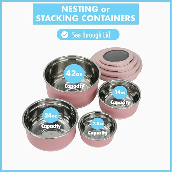 MIRA Stainless Steel Food Storage Set - 4 Anti-Slip Containers for Meal Prep - Multi-Size Pack (1, 2, 3, 5 Cups), Dusty Pink